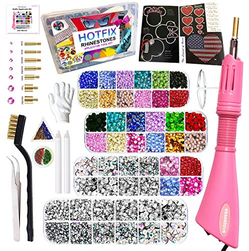 Bedazzler Kit mit Strasssteinen, Hotfix-Applikator, DIY-Hotfix-Strass-Setter, Hot Fixed Wand Tool Kit, 4380 Stück, Crystal AB, transparent, 14 Farben, Pinzette, Edelsteinpflücker, Tabletts, Box