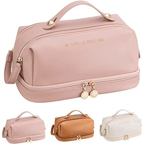 Borsa cosmetica di grande capacità, borsa da viaggio a doppio strato, borsa da toeletta impermeabile portatile in PU per donne e ragazze, rosa