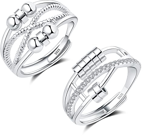 Cangall Silber Anxiety Rings, 2PCS 925 Sterling Silber Damen Angst Rings Set, Offen Einstellbar Anti Stress Rings Dekompressionsringe, Unendlichkeit Spinner Fidget Ringe Zappelringe mit 6 / 7 Perlen