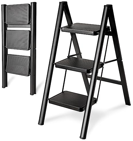 Double Elite Folding 3 Step Ladder, Sturdy Small Step Stool for Adults, Safer Full Steel Multi-use Kitchen Ladder for Home, Closet Step Stool Ladder with Wide Pedals, Black, 3-Step