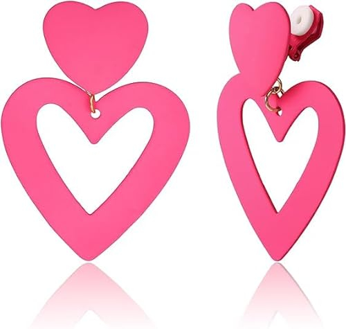 Jerywe Clip Auf Ohrringe füR Frauen Lange Double Herzohrringe Baumeln Tiefes Rosa Liebe Herz Tropfen Ohrringe Valentinstag Muttertag Geburtstag Mode Herz Ohrring Geschenke