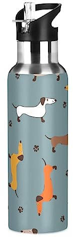 Mnsruu Botella de agua con diseño de perro salchicha para niños y niñas, termo aislado de acero inoxidable, con pajilla, a prueba de fugas, para deportes, 600 ml