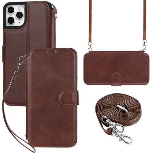 ELTEKER for iPhone 11 Pro Max Phone Case with Shoulder Strap Crossbody Lanyard, PU Leather Flip Cover Wallet Case with Card Holder for iPhone 11 Pro Max (6.5 Inch)- Brown
