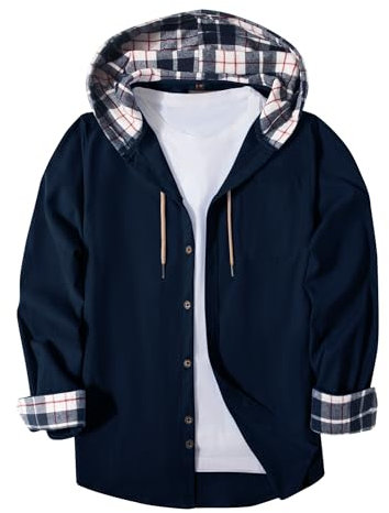 SwissWell Chemise en flanelle pour homme, chemise décontractée à manches longues avec capuche, chemise de bûcheron à carreaux avec bouton et poche, 3401 Bleu marine, M