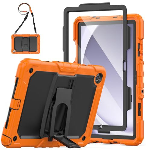 SEYMAC Hülle für Samsung Galaxy Tab A9+/A9 Plus 11 Zoll 2023, Stoßfeste für Samsung Tab A9+ Hülle mit Displayschutz/Faltbarem Ständer, mit Schultergurt, Orange