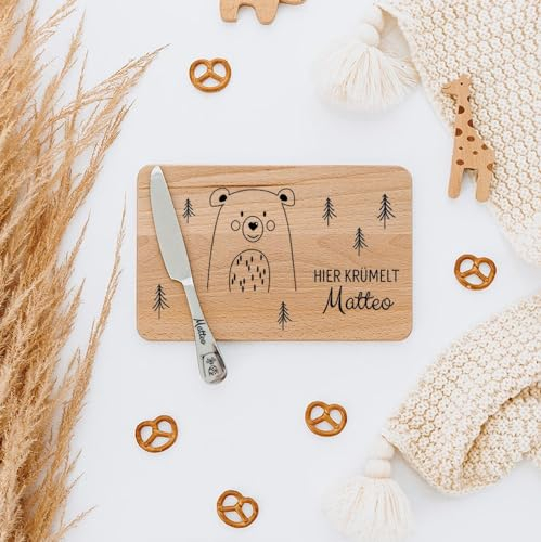 wunderwunsch - Personalisiertes Holzbrett mit präziser Gravur mit Messer für Kinder - Personalisiertes Frühstücksbrettchen - Niedliche Motiv-Brettchen mit Namen (Bär)
