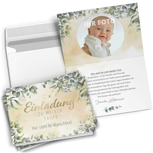 10 personalisierte Taufe Einladungskarten mit eigenem Text und Foto - Tauf-Einladungen mit Umschlag Motiv Eukalyptus Modern Fisch