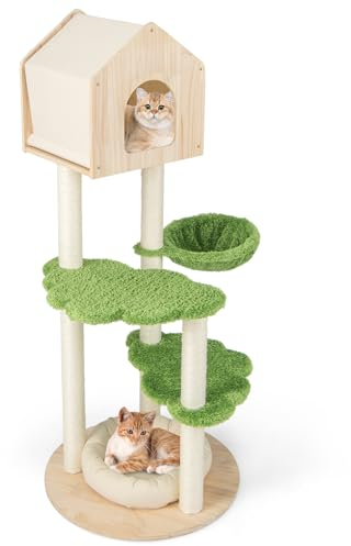 COSTWAY 139 cm Kratzbaum Holz, Katzenkratzbaum mit Katzenhaus & Hängematte & waschbarem Katzenbett, Katzenbaum Katzen Sisal, Aktivitätsbaum Kletterbaum, Katzenmöbel Kätzchen, Grün