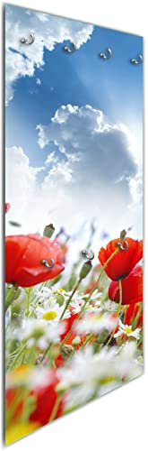 Wallario Wandgarderobe aus Glas in Größe 50 x 125 cm in Premium-Qualität, Motiv: Mohnblumen unter blauem Himmel | 7 Kleiderhaken zum Aufhängen von Jacken