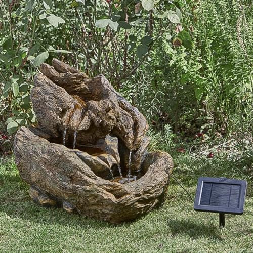 Festive Lights - 45cm Hybrid Wychwood Falls Solar Water Feature with Backup Battery - Stone Effect Polyresin, IP44 Rated, Outdoor Garden Fountain - External Panel, Cascading Flow, Easy Installation