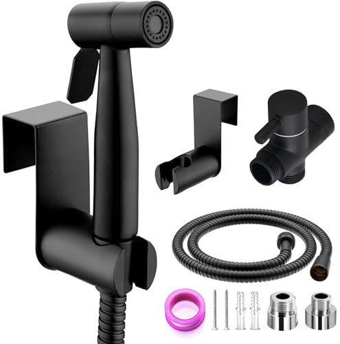 Kit de Bidet de Toilette de haute qualité, Pulvérisateur à main en acier inoxydable, avec T-valve G1/2 et un adaptateur G3/8 - pour l'hygiène Personnelle (Noir)