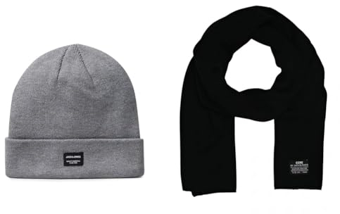 JACK & JONES Strickmütze Grau (Grey Melange) Einheitsgröße Schal Schwarz (Black Black) Einheitsgröße