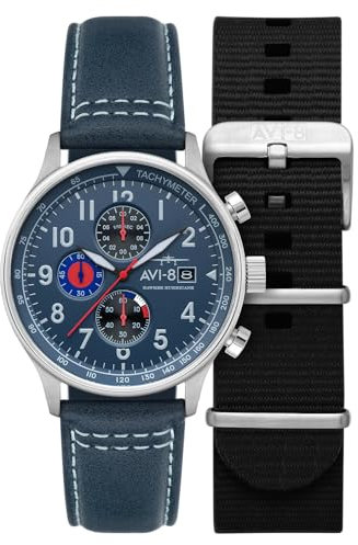 AVI-8 Hawker Hurricane Herren-Chronograph, 43,5 mm, mit Lederband, AV-4011, Opalblau