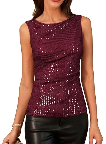 GRACE KARIN Damen Funkelndes Pailletten Top Skim Party Tanktop Ärmellos Rundhals Weste Ausgehen Wein S