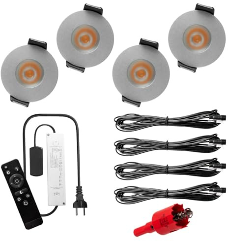 S-Polytec PREMIUM Mini LED- Einbauspots Warmweiss 3.000K, DIMMBAR, IP65, FUNK 3W Einbaustrahler Terrassenüberdachung, Bad, Sauna mit Fernbedienung (SILBER, 4x LED-SET)