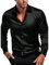 UnoSheng Chemise avec roses pour homme - Nouvelle chemise unie brillante en satin de soie avec manches longues élastiques en flanelle pour homme, Noir , XXXL
