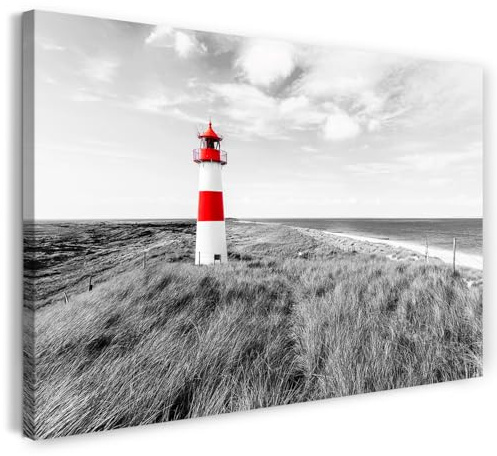 Printistico Leinwandbild (80x60cm) Roter Leuchtturm in den Dünen - Meer Fotografie schwarz weiß, echter Holz-Keilrahmen inkl. Aufhänger, handgefertigt in Deutschland