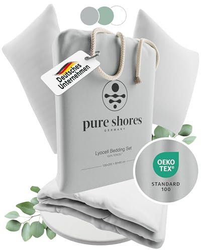 pure shores - Lyocell Bettwäsche 135x200 | Bettwäsche Set 100% Lyocell Satin | Oeko-Tex | Tencel | Reißverschluss | Set mit Kissen (Wellen-Grau, 135x200 + 80x40 cm)
