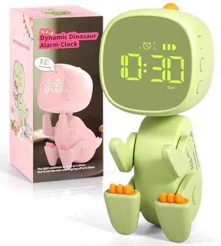 PQETBV Dinosaurier Wecker für Kinder, Wecker, Verwandelbarer Dinosaurier Wecker, Wecker Analog Ohne Ticken Kinder, 6 Weckmusik Wecker Digital Kinder (Grün)