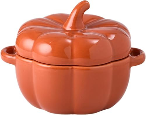 Olla holandesa con tapa, ramequines de cerámica de 14 onzas para hornear, bonita cacerola de postre de cerámica de calabaza, mini cazuela en forma de calabaza (naranja)