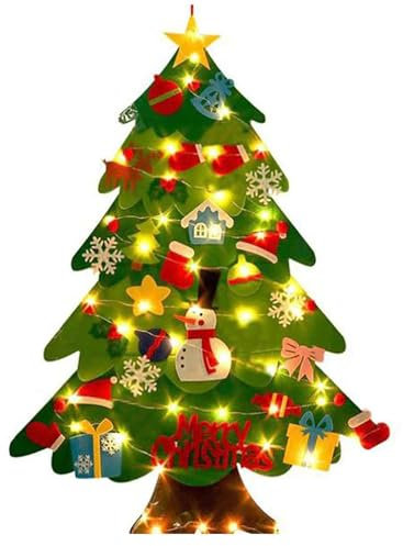 Árbol de Navidad de Fieltro para Niños, 98cm Árbol de Navidad M-ontessori de Fieltro con Adornos Desmontables, Árbol de Navidad con Luces para Pared, Decoración de Navidad Ventana Puerta Pared Hogar
