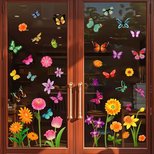 Zindoo Fensteraufkleber Blumen und Schmetterlinge 81 Pcs Selbstklebend, Doppelseitiger Druck, Statische Haftung Wiederverwendbar, Perfekte Fensterdekoration für Frühling und Sommer