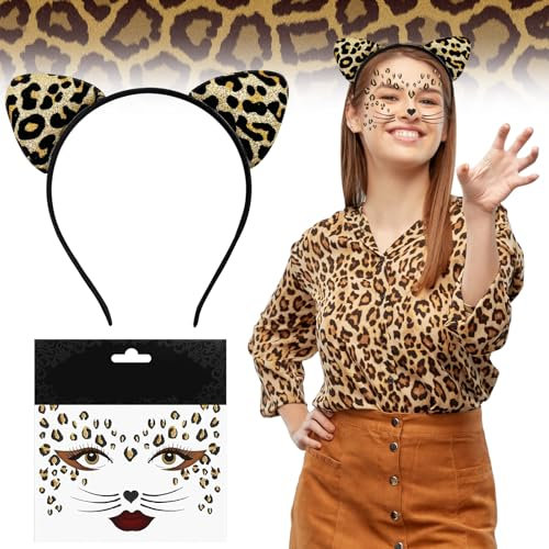 Karneval Leoparden Ohren Haarreif und Leoparden Gesichtstattoo, Leoparden Kostüm Damen Kinder für Fasching Halloween, Glitzer Leopard Face Tattoos Temporäre Leopardenmuster Katzenohren Haarreif Set