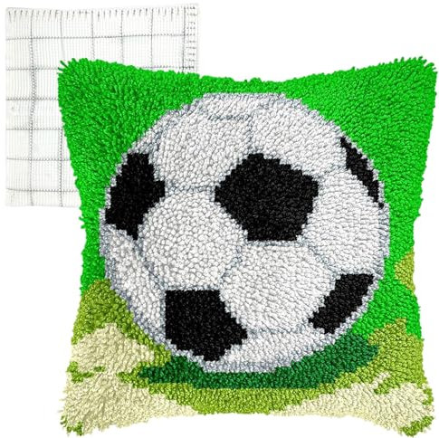 Kalastussaari Latch Hook Kits for Adults Football Pattern 17x17 Crochet Pillow Kit with Instruction Pre-Printed Pillowcase Hook and Latch Rug Kits Needlework Cushion Cover for Home Sofa Decoration