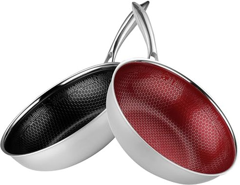 FIXLINE® 2-teiliges Wokpfannen-Set 28 cm – Black Forest Design in Schwarz & Rot – kratzfeste Waben-Antihaftbeschichtung – für Induktion & alle Herdarten – backofengeeignet bis 230 °C