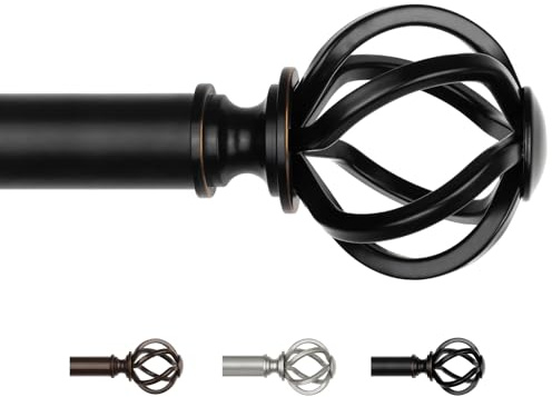 USFOOK Long Curtain Poles for Eyelet Curtains 80 to 365, 22 mm Black Curtain Pole for Windows, Metal Extendable Drapery Rods with Twisted Cage Finials