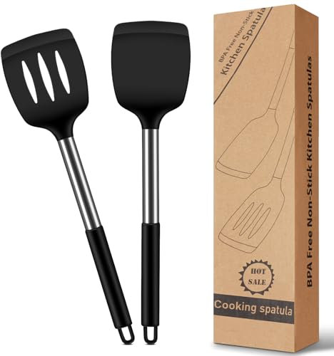 Spatule Silicone Cuisine Lot de 2, Spatule Cuisine Patisserie Antiadhésives Résistants Chaleur, Ustensiles Ne Raye Pas Les Casseroles, Spatule Silicone pour Cuisson et Mélange, Noir