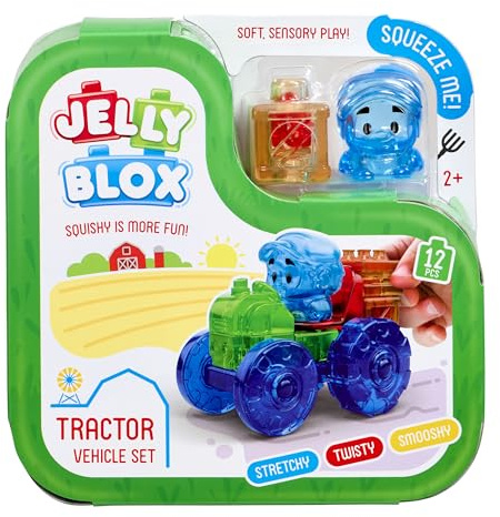 Jelly Blox - Traktor-Set, 12 taktile weiche Bausteine, Spiel mit Traktor und Bauer, Sinnesbaukasten für Kinder ab 2 Jahren, ausziehbare und Flexible Bausteine