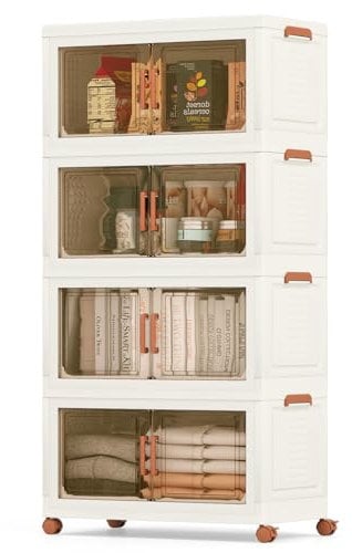 GOPLUS Aufbewahrungsbox mit Deckel, Ordnungsboxen stapelbar mit Rollen & Türen, Aufbewahrungsschrank aus Kunststoff, Kunststoffbox Stapelboxen Aufbewahrungsbehälter (68,5 x 37 x 140 cm,4 Ebenen)