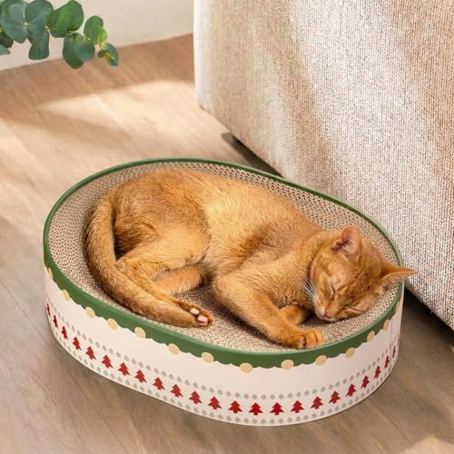 Conlun Kratzmatte Katze Oval | Katzen Kratzbrett Schale | Mittel | Dichte Kratzmatte aus Wellpappe | konkaves Design | geschlossener Boden gegen Krümel | schützt Möbel & Sofas