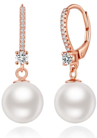 Orecchini Perle Argento Sterling 925 Orecchini Pendenti Leverback Perle per Donna Perla Zirconi Gioielli Regali Perla Bianco 10 mm Oro Rosa