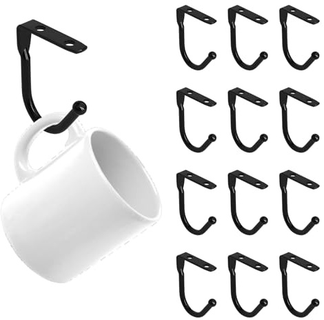 Cyleibe 12 Pcs Black Cup Hooks with Screws, Mug Hooks Under Shelf for Storing Kitchen Utensils Frying Pans Coffee Cups