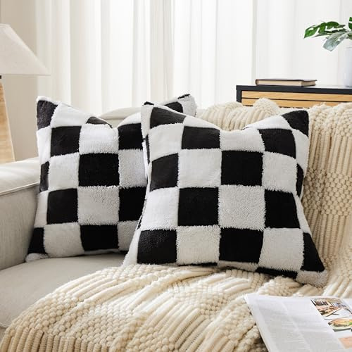 Ohocut schwarz-weiß Karierte Jacquard-Zottel-Kissenbezüge, 2 Stück, flauschig, niedlich, dekorativ, ästhetisch, weich, kariert, für Couch, Sofa, Schlafzimmer, 40 x 40 cm