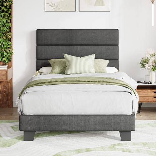 MUTICOR Polsterbett 90x200 cm Stoff mit gepolstertem Kopfteil, Dunkelgrau | Leinenoptik Bezug, Weiches Kopfteil, 11,5 cm Stauraum, 272 kg Belastbarkeit, Geräuschfrei, Einfache Montage