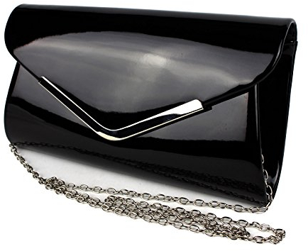 Schompi Vintage Damen Lack-Tasche Abendtasche Clutch Bag mit abnehmbarer Schulterkette Kettentasche, Farbe:Schwarz