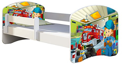 ACMA Kinderbett 140x70 Jugendbett mit Matratze, Rausfallschutz, Lattenrost Weiß, stabil, Kinderzimmer Bett, Jugendmöbel Design 45 Mechaniker