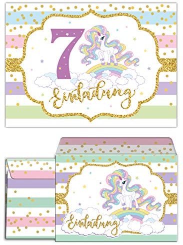 Junaversum 12 Einladungskarten incl. 12 Umschläge zum 7. Kindergeburtstag Mädchen Einhorn Regenbogen Einladungen siebte Geburtstag