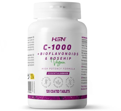 HSN Vitamina C 1000mg | 120 Tabletas | 1g Vitamina C (Ácido ascórbico) + 30mg Bioflavonoides Cítricos (Naranja amarga) + 20mg Rosa Mosqueta (Rosa canina) | No-GMO, Vegano, Sin Gluten