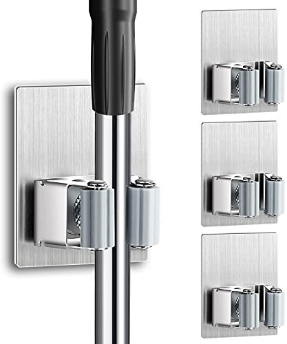 Bowdanie Supporto per scopa da parete, 4 pezzi, in acciaio inox, autoadesivo, per casa, garage, giardino, lavanderia, ripostiglio