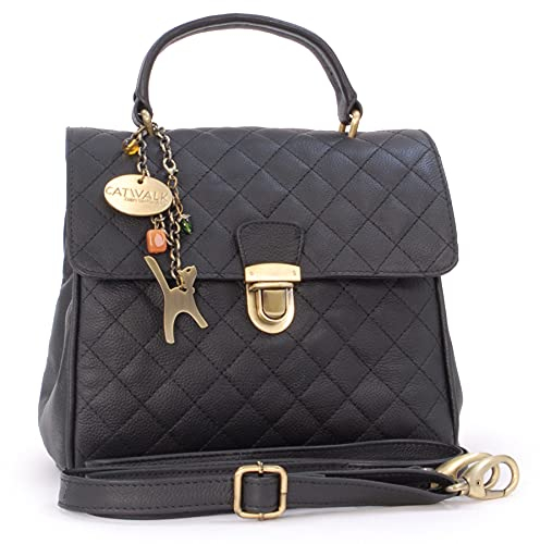 Catwalk Collection Handbags - Damen Leder Henkeltasche mit Schultergurt - Umhängetasche Mittelgroß - Gesteppte Handtasche - HAYLEY - Schwarz