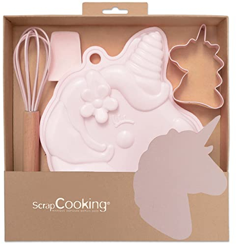 ScrapCooking - Coffret Pâtisserie Licorne pour Enfants - Coffret Cadeau 4 Ustensiles : Fouet, Cuillère, Moule & Découpoir - Bois, Silicone & Inox - Pour Gâteaux, Biscuits - 1135