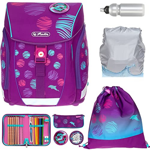 Herlitz Ranzen Schultasche für Jungen Mädchen FiloLigh Plus 8 Teile Set Grundschule Schulranzen Tornister leicht Bauchgurt Brustgurt Regenhülle Wahl +rf (Sea Bubbles 872)