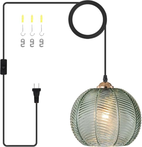 Pobllem Plug in Pendant Lighting, 8.6 Green Glass Pendant Light Plug in Hanging Light Fixture with Cord, Mid Century Modern Hanging Lamp for Living Room Bedroom Dining Room Kitchen