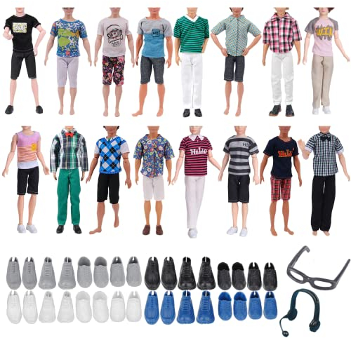 14 Puppenkleidung und Zubehör Kompatibel mit Ken, darunter 3 Hemden, 3 Hosen, 6 Paar Schuhe, 1 Paar Brille und 1 Paar Kopfhörer (Stil zufällig)