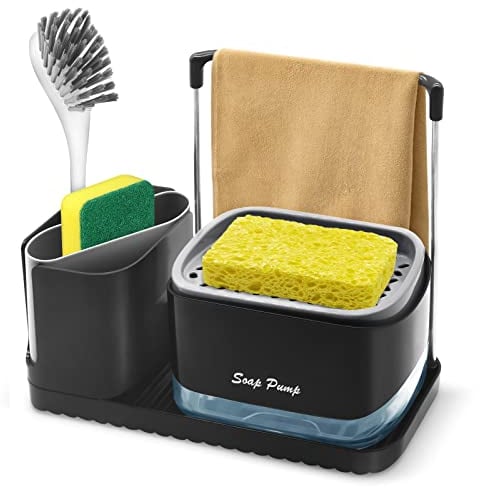 USHYPRI Spülmittelspender Küche Set, Spülmittelspender mit schwammhalter, küche spülbecken Organizer, Seifenspender mit schwammhalter Waschmittel Wiederbefüllbar,Geeignet für Küchenspüle(Schwarz)