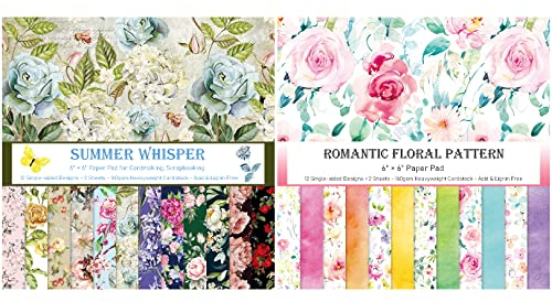 Motivpapier,Bastelpapier Hochzeit 15,2x15,2cm,48 Blätter Einseitig Bedruckt Designpapier Blumen Motivblock,24 Designs Blumenmuster Farbpapier Origami Papier für Karten DIY Basteln Scrapbook Zubehör